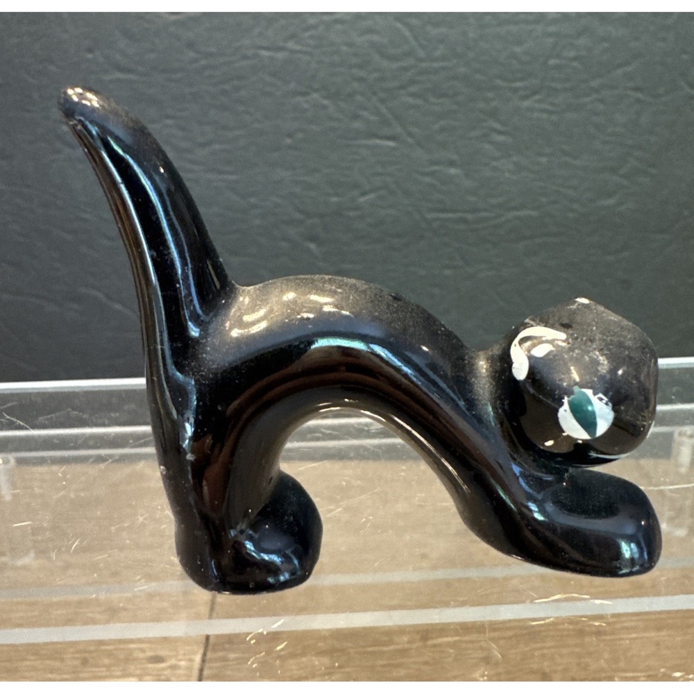 VTG Black Halloween Cat MCM Ceramic Figurine Arched Back 2.5 in Green Eyes